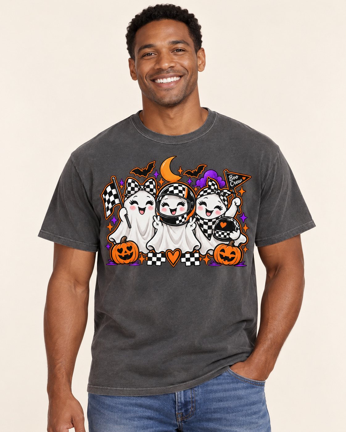 Boo Crew racing ghost Halloween graphic tee on Comfort Colors