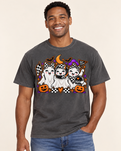 Boo Crew racing ghost Halloween graphic tee on Comfort Colors