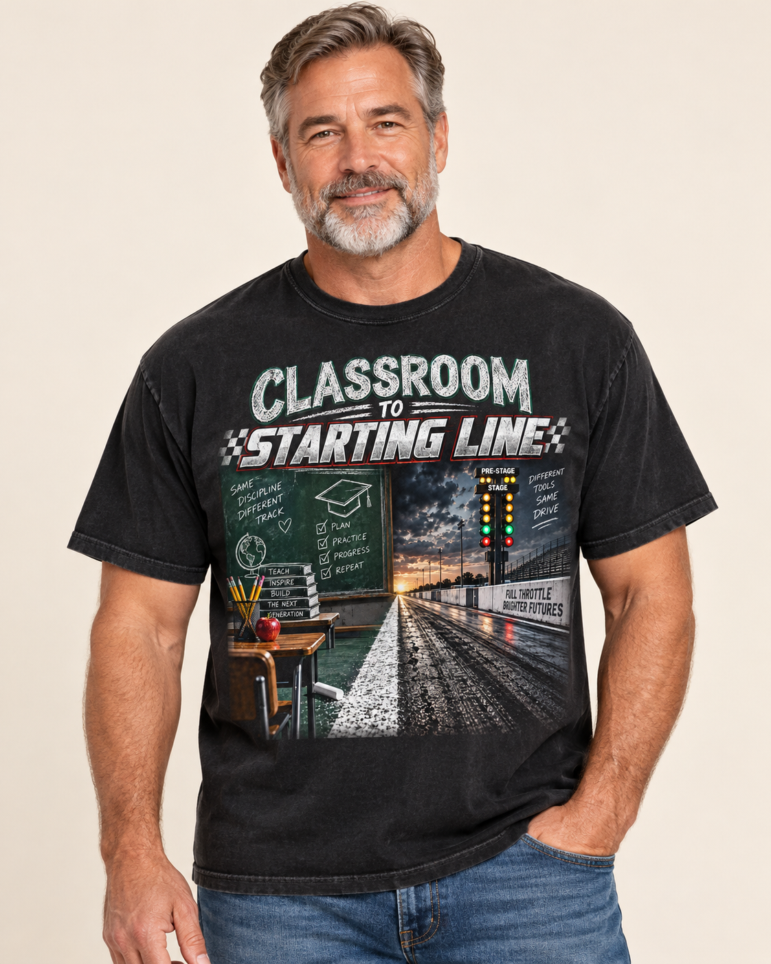 Classroom to Starting Line racing teacher graphic tee on Comfort Colors