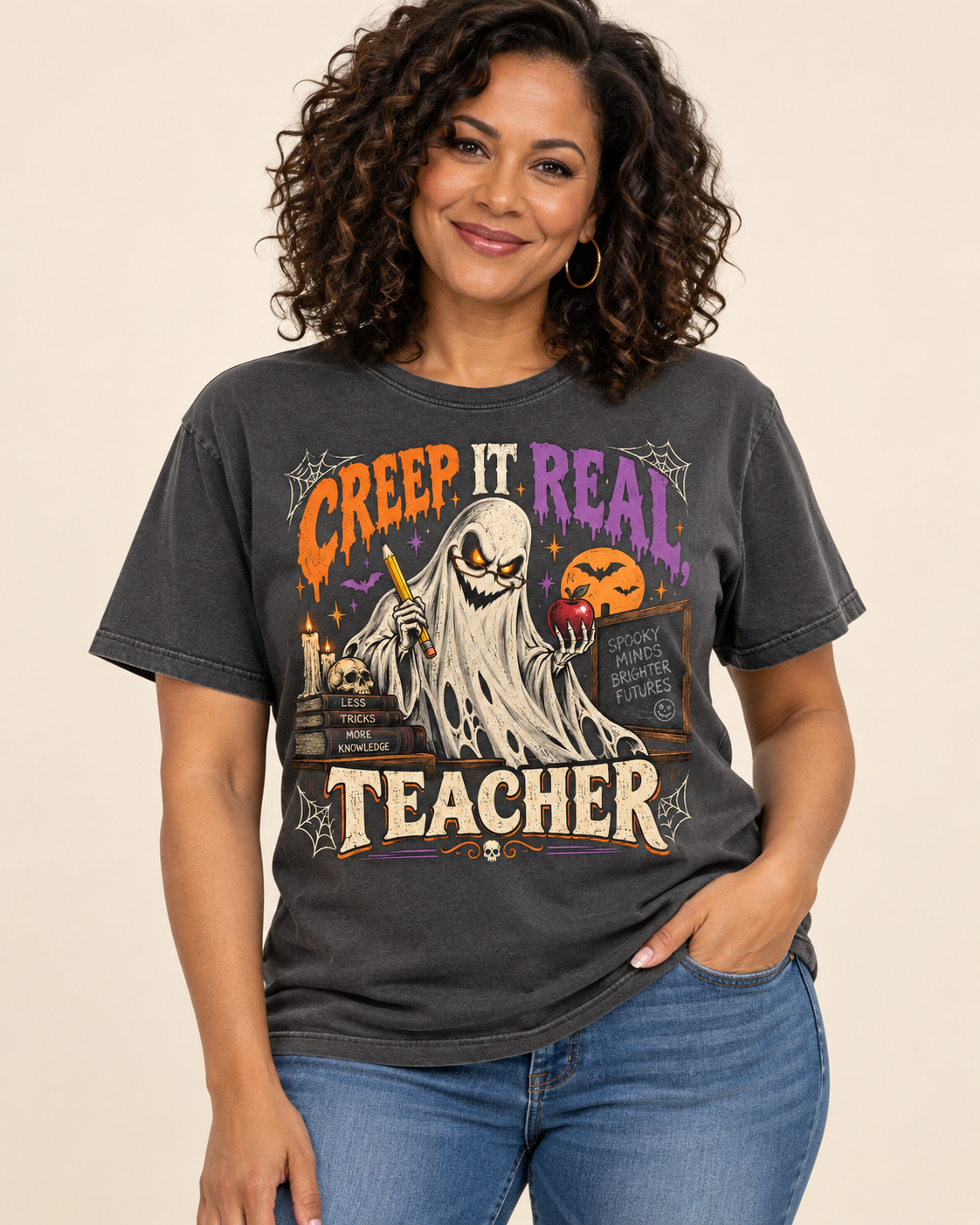Creep It Real Teacher Halloween graphic tee on Comfort Colors