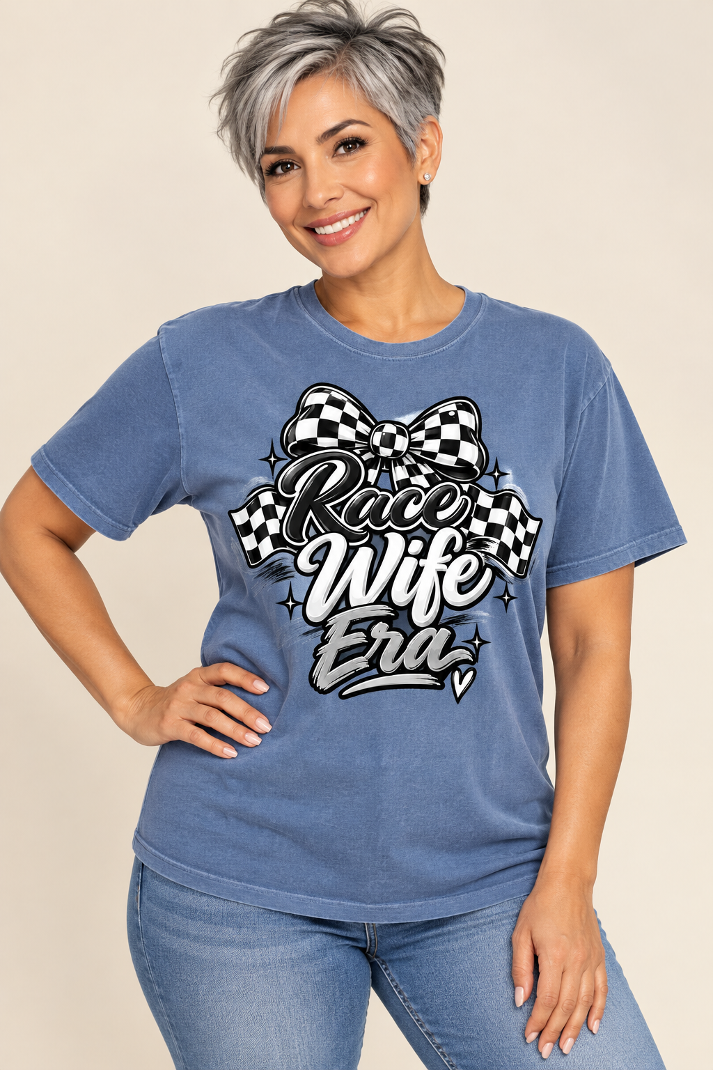 Race Wife Era checkered bow graphic tee on Comfort Colors