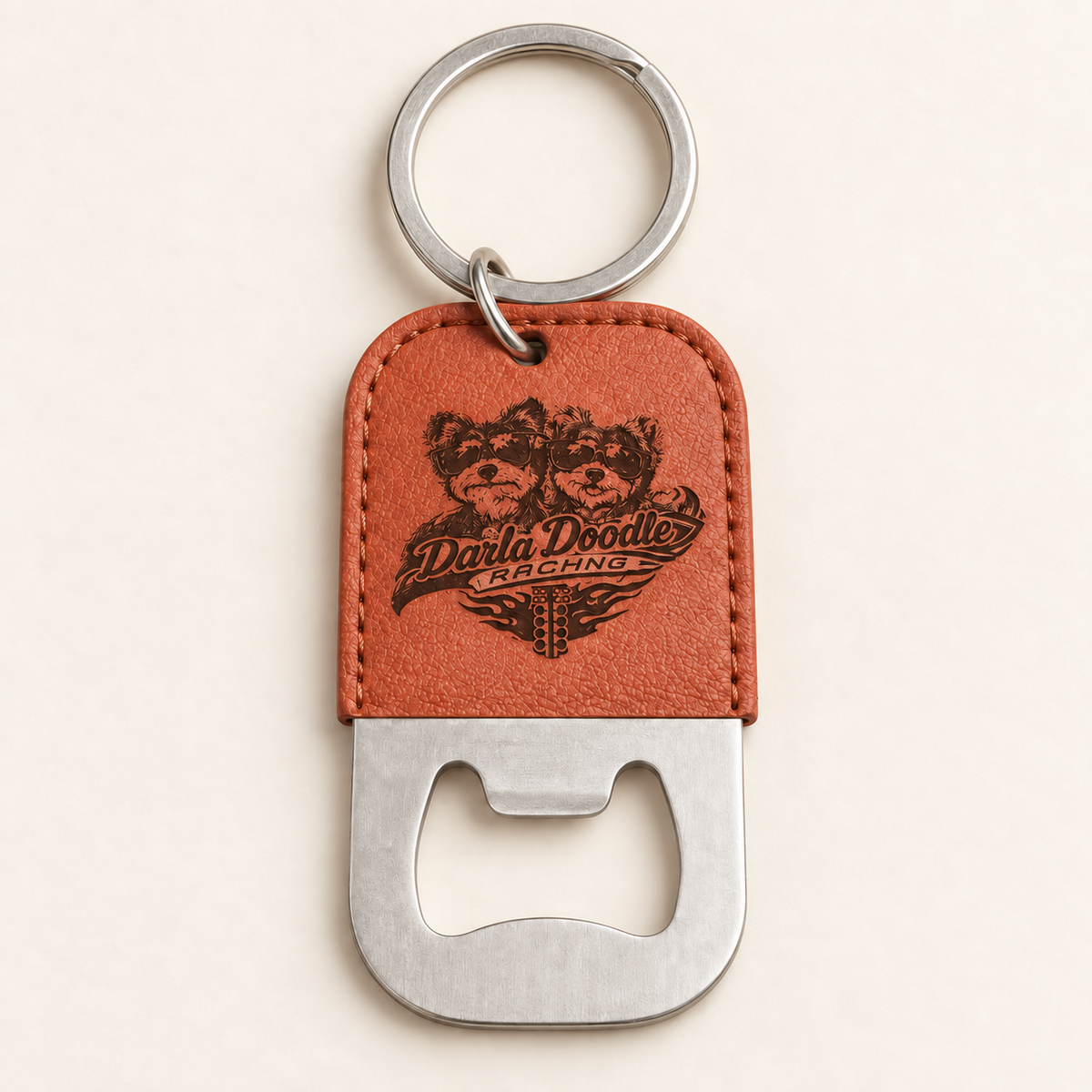 Darla Doodle Racing Brown Leather Bottle Opener Keychain