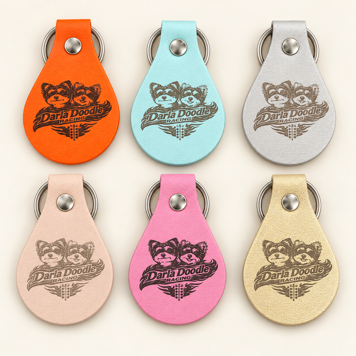 Darla Doodle Racing Leather Keychain - Engraved Logo
